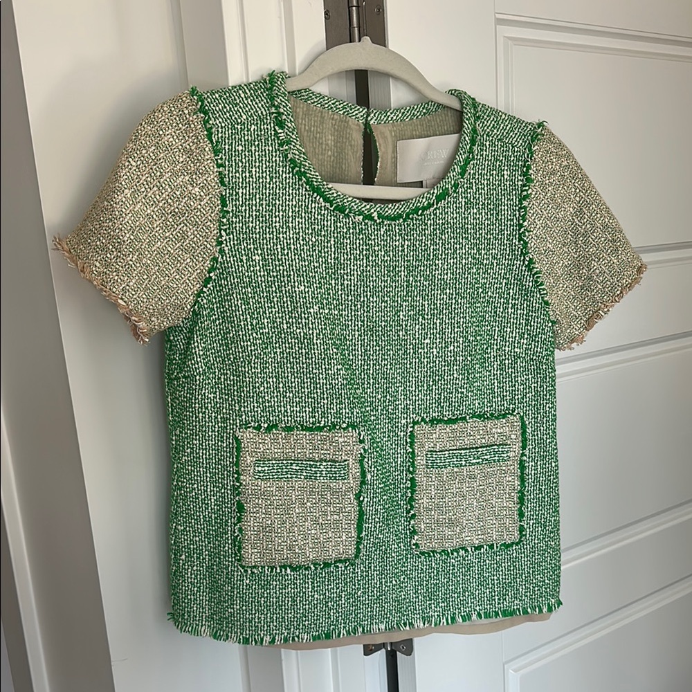 J.Crew Collection Size 2 Green and Cream Tweed Fringe Pocket Top EUC